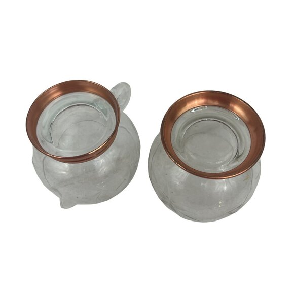Etched Glass and Copper Base Vintage Glass Creamer and Sugar Bowl Set With Coppe - Picture 8 of 8
